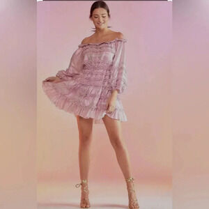 NWT Cynthia Rowley Ella Silk Metallic Foil Ruffle Mini Dress Metallic Blush XS